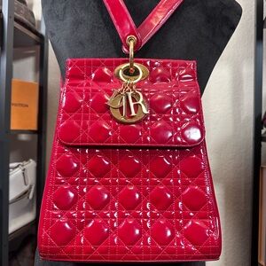 ULTRA RARE Authentic Lady Dior Red Quileted Patent Leather Backpack